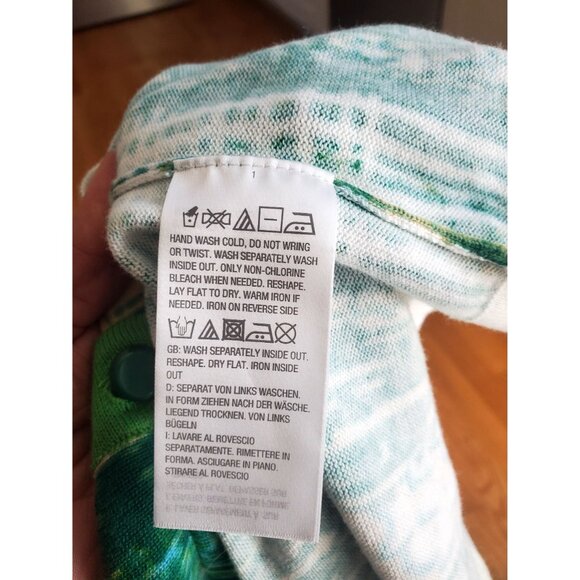 Bob Mackie Wearable Art XL Green Abstract Buttons Cardigan Sweater 3/4 Sleeves - Picture 7 of 7